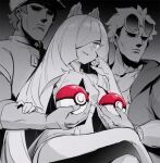  1girl 2boys bangs breasts character_request crossed_legs eyewear_on_head greyscale hair_over_one_eye hat holding holding_poke_ball limited_palette long_hair lusamine_(pokemon) meme monochrome multiple_boys parody poke_ball poke_ball_(basic) pokemon pokemon_(game) pokemon_sm shuumatsu_no_valkyrie small_breasts smile toku_(ke7416613) very_long_hair 