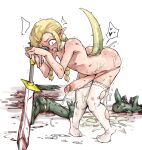  1boy after_sex androgynous blonde_hair blood bloody_weapon blush braid cum doppel_(bonnypir) erection goblin highres holding holding_sword holding_weapon horns large_penis lizard_tail nipple_piercing open_mouth original penis piercing planted planted_sword pointy_ears simple_background solo_focus sword tail thighhighs torn_clothes torn_legwear twin_braids weapon white_background white_legwear yaoi yellow_eyes 