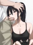  1boy 1girl bangs bare_shoulders black_hair blush breasts brown_eyes cleavage collarbone erection fellatio handjob hetero highres kaminari_doon large_breasts licking licking_penis long_hair looking_at_viewer male_pubic_hair multitasking open_mouth oral original penis playing_games ponytail pubic_hair tongue tongue_out 