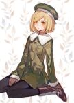  1girl bangs black_legwear blonde_hair boots brown_footwear chocoan coat fate/grand_order fate_(series) gloves green_coat green_jacket hat jacket long_sleeves open_mouth pantyhose paul_bunyan_(fate) sleeves_past_wrists solo swept_bangs white_background yellow_eyes 