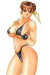  areolae bikini breasts brown_eyes brown_hair chun-li cleavage covered_nipples curvy inoue_takuya large_breasts ribbon solo street_fighter swimsuit third-party_edit 