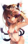  1girl :3 :d alternate_costume animal_ear_fluff animal_ears bangs bikini breasts brown_eyes brown_hair cat_ears cat_tail chen covering_eyes cowboy_shot earrings fangs highres ibaraki_natou jewelry light_rays multiple_tails navel nekomata no_hat no_headwear open_mouth red_bikini short_hair single_earring small_breasts smile solo standing swimsuit tail tan tanline touhou two_tails white_background 