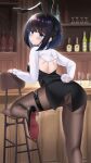  1girl absurdres acasta_(azur_lane) acasta_(monochromatic_marvel)_(azur_lane) animal_ears ass azur_lane bangs bar black_footwear black_hair blue_eyes blush bob_cut bunny_ears bunny_tail cien_(shikanokuni) commentary cup drinking_glass eyebrows_visible_through_hair fake_animal_ears fake_tail from_behind hairband high_chair high_heels highres indoors long_sleeves looking_at_viewer pantyhose playboy_bunny shiny_footwear shrug_(clothing) solo tail thigh_strap thighs wine_glass 