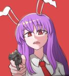 1girl absurdres animal_ears bangs bunny_ears collared_shirt dirty_harry english_commentary eyebrows_visible_through_hair gun handgun highres light_purple_hair long_hair mata_(matasoup) necktie open_mouth parody purple_hair red_background red_eyes red_neckwear reisen_udongein_inaba revolver shirt simple_background solo touhou weapon white_shirt 