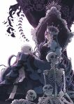  1girl chair crown danganronpa_(series) danganronpa_v3:_killing_harmony dress expressionless eyeegg glasses hand_on_own_cheek hand_on_own_face high_heels highres horror_(theme) jewelry long_hair looking_at_viewer necklace purple_eyes shirogane_tsumugi skull throne white_background 