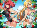  2girls bangs black_swimsuit blonde_hair breasts chest_jewel competition_swimsuit eyebrows_visible_through_hair gem headpiece highres large_breasts long_hair multiple_girls mythra_(radiant_beach)_(xenoblade) mythra_(xenoblade) one-piece_swimsuit pyra_(pro_swimmer)_(xenoblade) pyra_(xenoblade) red_eyes red_hair red_swimsuit short_hair swept_bangs swimsuit tiara two-tone_swimsuit very_long_hair xenoblade_chronicles_(series) xenoblade_chronicles_2 yagi_(kyuhyun) yellow_eyes 