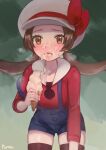  1girl absurdres blush brown_eyes brown_hair brown_legwear commentary eyelashes food food_on_face hat hat_ribbon heart highres holding ice_cream ice_cream_cone ice_cream_on_face leaning_forward long_hair lyra_(pokemon) norza open_mouth overalls pokemon pokemon_(game) pokemon_hgss red_shirt revision ribbon sexually_suggestive shirt signature sleeves_past_elbows solo suspenders suspenders_slip thighhighs tongue twintails upper_teeth white_headwear 