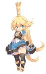  1girl armor bangs black_gloves black_legwear blonde_hair blue_dress blue_eyes blush breastplate charlotta_fenia closed_mouth dress elbow_gloves eyebrows_visible_through_hair full_body gloves granblue_fantasy hair_between_eyes harvin highres karukan_(monjya) long_hair looking_at_viewer pointy_ears puffy_short_sleeves puffy_sleeves short_sleeves simple_background smile solo standing thighhighs very_long_hair white_background 