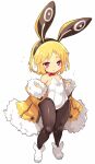  1girl :&lt; animal_ears bare_shoulders black_legwear blonde_hair breasts bunny_ears coat covered_navel disgaea fake_animal_ears flying_sweatdrops full_body fur-trimmed_coat fur-trimmed_sleeves fur_trim karukan_(monjya) leotard long_sleeves makai_senki_disgaea_5 open_clothes open_coat pantyhose parted_lips red_eyes shoes simple_background sleeves_past_wrists small_breasts solo standing strapless strapless_leotard triangle_mouth usalia_(disgaea) white_background white_footwear white_leotard yellow_coat 