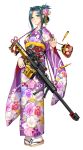  1girl alternate_hairstyle anti-materiel_rifle bag barrett barrett_m82 bipod blush breasts bullet full_body green_eyes green_hair gun hair_ornament handbag highres holding holding_gun holding_weapon japanese_clothes kimono looking_at_viewer makishima_ayame medium_breasts obi print_kimono rifle sash shell_casing sidelocks simple_background smile sniper_rifle socks solo standing taimanin_(series) taimanin_kurenai taimanin_rpgx weapon white_background white_legwear zol zouri 