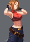  1girl abs armpits baggy_pants bare_shoulders blonde_hair blue_eyes blue_mary breasts crop_top denim fatal_fury fingerless_gloves forehead gloves grey_background halter_top halterneck hands_in_hair hapchi large_breasts looking_at_viewer midriff muscular muscular_female pants red_shirt shirt short_hair signature simple_background sleeveless solo straight_hair the_king_of_fighters 