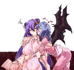  2girls bat_wings blush book bracelet cheek_kiss closed_eyes commentary_request crescent crescent_hair_ornament double_bun dress frilled_sleeves frills hair_ornament hand_on_another&#039;s_shoulder heart highres jewelry kiss kyanduru light_blue_hair long_hair long_sleeves medium_hair multiple_girls patchouli_knowledge pink_dress purple_eyes purple_hair remilia_scarlet ring star_(symbol) sweatdrop touhou white_background wide_sleeves wings 