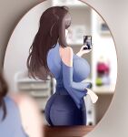  1girl absurdres ass bare_shoulders blue_pants blue_shirt breasts brown_hair cellphone clothing_cutout curvy from_behind highres huge_breasts long_hair mirror nicorima original pants phone reflection selfie shirt shoulder_cutout smartphone taking_picture wide_sleeves 
