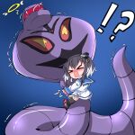  !? &gt;_&lt; 1girl anchor_symbol arbok black_hair black_legwear blue_background blue_sailor_collar blush constriction crossover dain_961 dress fangs gen_1_pokemon halo hat kantai_collection long_sleeves mini_hat multicolored_hair open_mouth pokemon pokemon_(creature) role_reversal sailor_collar sailor_dress short_hair_with_long_locks silver_hair sweat thighhighs tokitsukaze_(kancolle) tongue trembling white_dress you&#039;re_doing_it_wrong 