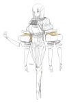  1girl android arms_at_sides colored_skin english_commentary expressionless extra_arms full_body highres joints long_hair no_feet original robot_joints simple_background skeleton solo standing transparent_skin ub1mo very_long_hair white_background white_hair white_skin yellow_eyes 