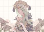  closed_eyes collar crown_hair_ornament fire_emblem fire_emblem:_three_houses floral_background flower green_hair hair_flower hair_ornament long_hair rhea_(fire_emblem) solo 