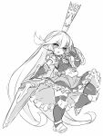  1girl arm_shield armor bangs blush breastplate charlotta_fenia crown dress elbow_gloves eyebrows_visible_through_hair frilled_dress frills full_body gloves granblue_fantasy greyscale hair_between_eyes harvin holding holding_sword holding_weapon karukan_(monjya) long_hair mini_crown monochrome open_mouth pointy_ears puffy_short_sleeves puffy_sleeves short_sleeves simple_background sketch solo standing standing_on_one_leg sword thighhighs v-shaped_eyebrows very_long_hair weapon white_background 