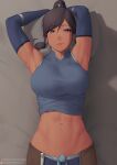  1girl abs armpits arms_up avatar_(series) blue_eyes breasts brown_hair dark-skinned_female dark_skin elbow_gloves gloves groin hair_tubes high_ponytail highres korra looking_at_viewer lying muscular muscular_female navel on_back pillow putcher sleeveless solo stomach the_legend_of_korra toned 