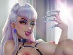  1girl breasts claws close-up darkra earrings evelynn_(league_of_legends) eyeshadow highres jewelry k/da_(league_of_legends) large_breasts league_of_legends licking_lips lipstick long_hair looking_at_viewer makeup nipples purple_lips revealing_clothes silver_hair solo the_baddest_evelynn tongue tongue_out yellow_eyes 