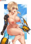  1girl ayamune_eri blonde_hair blue_skirt breasts clothes_theft cloud cyborg dutch_angle hessra highres large_breasts mountainous_horizon navel nipples nude ocean open_mouth red_eyes short_hair skirt sweat swimsuit_theft theft thighs uragoner 