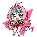  1girl :d blue_eyes blush_stickers boots chan_co chibi full_body highres holding holding_instrument instrument leotard long_hair looking_at_viewer macross macross_7 mylene_jenius open_mouth pink_background pink_hair red_leotard smile solo translation_request two-tone_background very_long_hair white_background white_footwear 