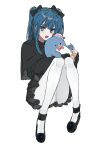  0mot 1girl aqua_eyes bangs black_bow black_dress black_footwear blue_hair bow commentary_request dress eyebrows_visible_through_hair eyes_visible_through_hair fang full_body hair_bow highres long_hair long_sleeves looking_at_viewer object_hug open_mouth original pantyhose pink_bow sanrio simple_background sitting sleeves_past_wrists solo stuffed_animal stuffed_penguin stuffed_toy tuxedo_sam twintails upskirt white_background white_legwear 