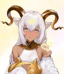  1girl animal_ears arknights bare_shoulders beeswax_(arknights) breasts brown_nails dark-skinned_female dark_skin heart heart-shaped_pupils horns long_hair looking_at_viewer smile solo symbol-shaped_pupils white_hair wuguno_ziran_juan yellow_eyes 