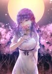  1girl blood blood_on_face breasts dress fate/stay_night fate_(series) flower full_moon hair_ribbon heaven&#039;s_feel large_breasts looking_to_the_side matou_sakura moon night petals pink_ribbon purple_eyes purple_hair ribbon sagta_panggang solo tree white_dress 