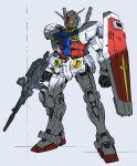  1other absurdres beam_rifle clenched_hand energy_gun full_body glowing glowing_eyes gun gundam highres holding holding_gun holding_shield holding_weapon jnt joints mecha mobile_suit mobile_suit_gundam no_humans robot_joints rx-78-2 scope shield solo standing weapon white_background yellow_eyes 