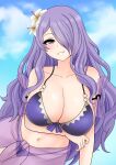  1girl absurdres arm_under_breasts bikini blue_sky blush breasts camilla_(fire_emblem) cleavage cloud collarbone commentary fire_emblem fire_emblem_fates fire_emblem_heroes flower hair_flower hair_ornament hair_over_one_eye highres large_breasts long_hair navel purple_bikini purple_eyes purple_hair sarong see-through sky smile solo swimsuit the_only_shoe very_long_hair 