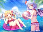  2girls :d alternate_costume ass ball bangs bare_shoulders barefoot bat_wings beachball blush bow breasts cloud cloudy_sky collarbone crystal day dutch_angle expressionless eyebrows_visible_through_hair fang flandre_scarlet frills front-tie_top hair_bow halterneck hand_in_hair hand_up happy holding holding_ball horizon innertube knees_up lens_flare light_rays looking_at_viewer looking_back medium_hair miniskirt multiple_girls no_hat no_headwear one_side_up open_mouth pointy_ears polka_dot red_bow red_eyes red_skirt remilia_scarlet short_hair siblings sisters skin_fang skirt sky small_breasts smile sun sunlight toes tomo_takino touhou unmoving_pattern wading water wings 