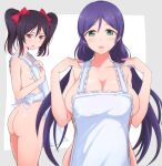  2girls apron ass black_hair blush bow breasts cleavage commentary embarrassed frills green_eyes hair_bow hands_on_own_chest hands_on_own_shoulders highres large_breasts looking_at_viewer love_live! multiple_girls naked_apron ponytail purple_hair red_eyes sideboob small_breasts toujou_nozomi wewe white_apron yazawa_nico 