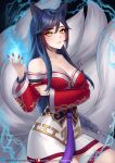  1girl ahri animal_ears arm_under_breasts bangs bare_shoulders black_hair blush breasts cleavage collarbone commentary_request eyebrows_visible_through_hair facial_mark fingernails fox_ears fox_tail helloimtea highres korean_clothes large_breasts league_of_legends long_fingernails long_hair long_sleeves looking_at_viewer magic multiple_tails patreon_username red_nails smile solo tail twitter_username vastaya watermark web_address whisker_markings yellow_eyes 