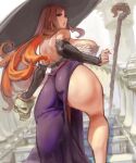  1girl ass bare_shoulders breasts brown_eyes brown_hair dragon&#039;s_crown from_behind huge_breasts kazo long_hair looking_at_viewer looking_back skull solo sorceress_(dragon&#039;s_crown) staff thick_thighs thighs 