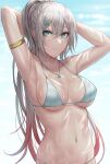  1girl aqua_eyes armlet armpits arms_up bangs bikini breasts cleavage commentary_request girls&#039;_frontline gradient_hair hair_between_eyes high_ponytail highres jewelry large_breasts long_hair looking_to_the_side lwmmg_(girls&#039;_frontline) multicolored_hair navel necklace outdoors selcky silver_hair streaked_hair swimsuit underboob water wet 