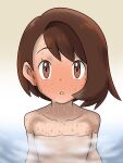  1girl arms_at_sides bangs bath blush bob_cut brown_hair collarbone eyelashes gloria_(pokemon) highres hot looking_at_viewer nude on_tamago_(chitei_hito) open_mouth partially_submerged pokemon pokemon_(game) pokemon_swsh short_hair shoulders simple_background solo sweat sweating_profusely upper_body water wet 