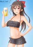  1girl ahoge alcohol anti_(untea9) beer bikini bikini_skirt black_bikini blue_background breasts brown_hair cleavage commentary_request cowboy_shot flying_sweatdrops frilled_bikini frills glass gradient gradient_background hair_ornament hair_ribbon hairclip hand_on_hip highres holding kantai_collection large_breasts long_hair looking_at_viewer mamiya_(kancolle) red_eyes red_ribbon ribbon solo swimsuit twitter_username 