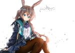  1girl absurdres amiya_(arknights) animal_ears arknights artist_name ascot black_jacket black_legwear blue_eyes blue_neckwear blue_skirt blush brown_hair bunny_ears collar dated feet_out_of_frame hand_on_own_leg highres jacket jewelry long_hair looking_at_viewer multiple_rings open_clothes open_jacket open_mouth pantyhose plaid plaid_skirt pleated_skirt ponytail ring rosem_lin shirt simple_background sitting skirt solo white_background white_shirt 