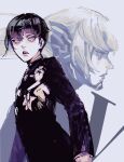  1boy androgynous armor bangs bodysuit bowl_cut collarbone eyelashes highres long_hair looking_at_viewer male_focus monochrome protagonist_(smtv) sageo_yn school_uniform shin_megami_tensei shin_megami_tensei_v short_hair simple_background solo very_long_hair yellow_eyes 