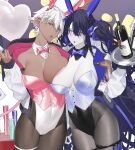  2girls absurdres ace_of_spades animal_ears arm_over_shoulder balloon bare_shoulders black_hair black_leotard blue_bow blue_eyes blue_neckwear blush bottle bow bowtie breasts bunny_ears card collarbone colored_skin covered_navel cropped dark-skinned_female dark_skin earrings fang fingernails hair_between_eyes heart heart_balloon highres holding holding_card holding_plate holding_tray id_card jacket jewelry kaoruko_(unkrk55) leotard light_blue_eyes light_blush long_fingernails long_hair looking_at_viewer multiple_girls open_mouth original pantyhose pink_bow pink_eyes pink_neckwear plate playboy_bunny pointy_ears poker_chip red_bow red_nails short_hair skin_fang tan transparent tray white_hair white_jacket white_leotard white_skin wine_bottle 