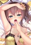  1girl absurdres ahoge arm_over_head arm_up armpits bangs bare_arms bare_shoulders bed_sheet blush breasts brown_hair camisole collarbone commentary_request eyebrows_visible_through_hair frilled_camisole frills green_eyes hair_ornament hair_scrunchie hand_on_own_chest hand_up heart heart-shaped_pupils highres hololive long_hair looking_at_viewer natsuiro_matsuri open_mouth pov saliva scrunchie side_ponytail solo_focus starkamisan strap_slip symbol-shaped_pupils tongue tongue_grab tongue_out upper_body v-shaped_eyebrows virtual_youtuber 