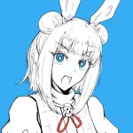  1girl bangs blue_background blue_eyes bow double_bun dress dress_bow eyebrows_visible_through_hair hair_ribbon haniwa_(statue) joutouguu_mayumi looking_at_viewer open_mouth puffy_short_sleeves puffy_sleeves red_bow ribbon shokabatsuki short_sleeves simple_background solo touhou white_dress white_hair white_ribbon white_sleeves 