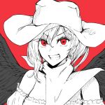  1girl bangs bare_shoulders cowboy_hat dress eyebrows_visible_through_hair eyes_visible_through_hair hair_between_eyes hat kurokoma_saki looking_at_viewer medium_hair puffy_short_sleeves puffy_sleeves red_background red_eyes scarf shokabatsuki short_sleeves simple_background smile solo teeth touhou white_dress white_headwear white_neckwear white_scarf wings 