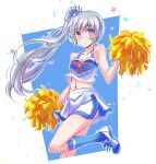  1girl bangs bare_arms bare_shoulders blue_eyes blue_legwear blush breasts cheerleader commentary_request confetti earrings english_text eyebrows_visible_through_hair glitter highres iesupa jewelry kneehighs legs long_hair looking_at_viewer midriff navel pom_pom_(cheerleading) ponytail rwby scar scar_across_eye shoes side_ponytail silver_hair simple_background skirt small_breasts sneakers socks solo standing standing_on_one_leg tiara weiss_schnee white_background white_hair 