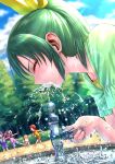  aoki_reika ball blurry blurry_background blush bow day drinking green_hair green_shirt hair_bow highres hino_akane_(smile_precure!) hoshizora_miyuki itou_shin&#039;ichi kise_yayoi midorikawa_nao outdoors ponytail precure profile shiny shiny_hair shirt short_hair short_sleeves smile_precure! soccer_ball solo_focus sunlight water yellow_bow 