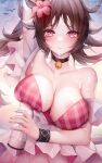  1girl absurdres animal_ears areola_slip areolae arknights arm_up bangs bare_shoulders bell bikini binggong_asylum black_choker breasts brown_hair choker commentary_request eyjafjalla_(arknights) eyjafjalla_(summer_flowers)_(arknights) highres holding horns infection_monitor_(arknights) jingle_bell large_breasts neck_bell pink_bikini plaid plaid_bikini sheep_ears sheep_horns solo swimsuit upper_body 