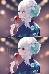  1girl alternate_costume asymmetrical_hair bangs blue_kimono blurry blurry_background brown_eyes candy_apple commentary_request floral_print flower food hair_flower hair_ornament hair_ribbon highres japanese_clothes kaine_(nier) kimono kp98047849 looking_at_viewer lunar_tear nier nier_(series) obi ribbon sash solo translated white_hair yukata 