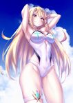  1girl absurdres bangs blonde_hair breasts gem hakusai_(hksicabb) headpiece highres large_breasts long_hair mythra_(radiant_beach)_(xenoblade) mythra_(xenoblade) one-piece_swimsuit ribbed_swimsuit solo strapless strapless_swimsuit striped swept_bangs swimsuit tiara vertical-striped_swimsuit vertical_stripes very_long_hair white_swimsuit xenoblade_chronicles_(series) xenoblade_chronicles_2 yellow_eyes 