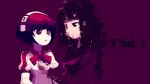  2girls anna_graem bow bowtie crying crying_with_eyes_open cyberpunk dorothy_haze gattame glitch highres looking_at_another multiple_girls open_mouth pale_skin purple_background purple_eyes purple_hair red_eyes red_hair school_uniform serafuku short_hair simple_background smile surprised tears va-11_hall-a wide-eyed 
