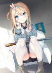  1girl bangs black_shirt black_skirt blonde_hair blue_eyes blue_hairband blue_jacket blurry blurry_background blush boots brown_footwear collared_shirt commentary_request depth_of_field dress_shirt dutch_angle eyebrows_visible_through_hair fur-trimmed_jacket fur_trim girls&#039;_frontline gun hair_between_eyes hair_ornament hairband highres indoors jacket knees_up long_hair ochinsama off_shoulder one_side_up pleated_skirt shirt skirt snowflake_hair_ornament solo squatting submachine_gun suomi_(girls&#039;_frontline) suomi_kp/-31 thighhighs thighhighs_under_boots very_long_hair weapon white_jacket white_legwear 